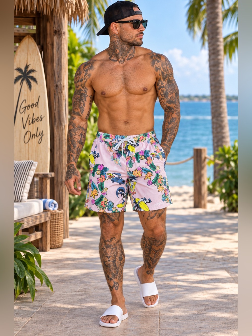 Batman Tropical Floral Swim Board Shorts Pink XXL